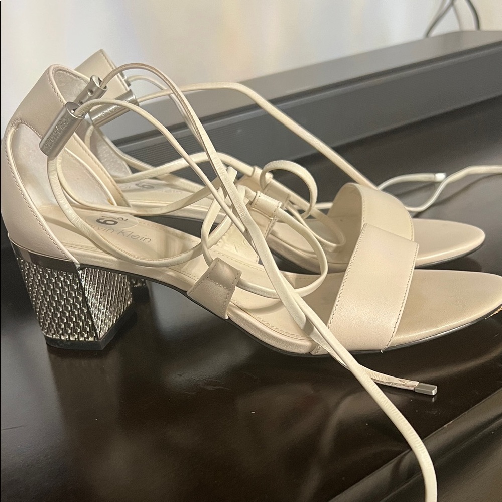 Calvin Klein Ivory Tie-Strap Block Heel Sandals with Embellished Heel